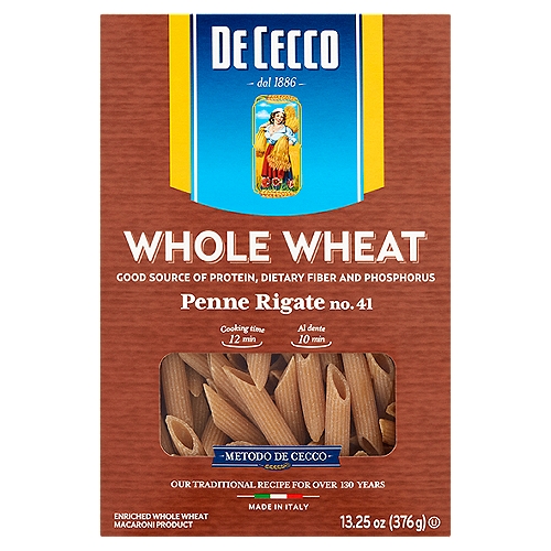 De Cecco Whole Wheat Penne Rigate No. 41 Pasta, 13.25 oz
Enriched Whole Wheat Macaroni Product