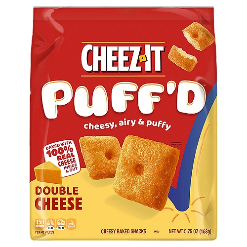 CHEEZ-IT Puff'd Double Cheese Cheesy Baked Snacks, 5.75 oz
Taste the fun of puffy and airy, bite-sized squares baked with 100% real cheese inside and out. Includes 1, 5.75-ounce bag of Cheez-It Puff'd Double Cheese Cheesy Baked Snacks. Double cheese means double flavor and double fun. This snack satisfes your senses with an irresistible crunch followed by melt-in-your-mouth cheesiness that kids and adults crave. Baked with 100% real cheese into every puffy cracker for maximum tastiness; Pack Cheez-It Puff'd in your home pantry for an afternoon pick-me-up or after school snack. Great as a bite when hanging out with friends. Stock up on bags of this family favorite snack food for TV watching, gaming, play time, or anytime. Hungry for a snack that won't weigh everyone down? Serve up fun with crisp, crunchable, always munchable Cheez-It Puff'd Cheesy Baked Snacks.