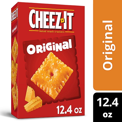 Cheez-It Original Baked Snack Crackers, 12.4 oz

Make snack time more fun with Cheez-It Original Baked Snack Crackers, bite-size cheesy crackers that are baked to crispy perfection. Cheez-It Original Baked Snack Crackers are the real deal - made with 100% real cheese that's been carefully aged for a yummy, irresistible taste that’s bursting with real cheese goodness in every crunchy bite. Each perfect square crisp is loaded with bold cheesy flavor that hits your taste buds with every delicious mouthful. A baked snack, Cheez-It crackers are perfect for game time, party spreads, school lunches, late-night snacking and more - the cheesy options are endless. Go ahead and enjoy your favorite cheesy bite. You'll love the one-of-a-kind flavor of cheese in every tasty handful of Cheez-It Original Baked Snack Crackers.