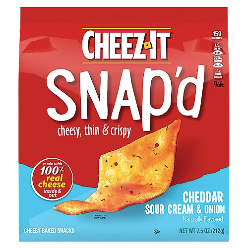Cheez-It Snap'd Cheddar Sour Cream & Onion Cheesy Baked Snacks, 7.5 oz
Make snack time more fun with Cheez-It Snap'd Cheddar Sour Cream and Onion - the super thin and crispy baked cheesy snacks loaded with big cheese ﬂavor. With 100% real cheese baked-in and the flavor of sour cream and onion, Cheez-It Snap'd crackers are irresistible. The Snap'd snacks are delightfully thin with a crispy snap for extra crunch in every bite. Cheez-It Snap'd snacks are perfect for celebrating game time, make a great addition to party spreads, cure late-night savory cravings and more - the cheesy options are endless. Pack your Snap'd snacks in school lunches or as an extra snack on-the-go. With cheddar, sour cream and onion flavor, this snack will tempt you with, ‘just one more bite.' You'll love the bold crunch and delicious, tasty ﬂavor of real cheese in every perfectly-baked bite of Cheez-It Snap'd Cheddar Sour Cream and Onion Cheesy Baked Snacks.