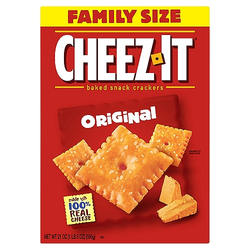 Cheez-It Original Baked Snack Crackers Family Size, 21 oz
Make snack time more fun with the Cheez-It Variety Pack. With your choice of three delicious flavors of Cheez-It, Original, White Cheddar and Extra Toasty, and one flavor of Cheez-It Snap'd, Double Cheese, there's a cheesy favorite for everyone. Cheez-It Baked Snack Crackers are the real deal; made with 100% real cheese that's been carefully aged for an irresistible taste. Each bite is loaded with bold, cheesy flavor that hits your taste buds with every delicious mouthful. This variety pack is full of single-serving pouches of baked snack crackers that are perfect for on-the-go snacking, a cheesy addition to a packed lunch, or even just a quick bite around the house. They are great to bring along on field trips, camping, hiking, trips to the park, picnics, outdoor concerts, everyday errands, and more. You'll love the satisfying flavor of real cheese in every delicious bite.