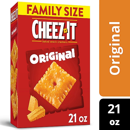 • Light and crispy bite-sized snack crackers made with real cheese and a dusting of salt
• Our cheesy baked crackers are packed for convenience and make a delicious anytime snack
• Made with 100% real cheese aged for a bold taste; A classic, family-favorite snack that's perfect for kids and adults

Make snack time more fun with Cheez-It Original Baked Snack Crackers, bite-size cheese crackers that are baked to crispy perfection. Cheez-It Baked Snack Crackers are the real deal - made with 100% real cheese that's been carefully aged for a yummy, irresistible taste that's bursting with real cheese goodness in every crunchy bite. Each perfect square crisp is loaded with bold cheesy flavor that hits your taste buds with every delicious mouthful. A baked snack, Cheez-It crackers are perfect for game time, party spreads, school lunches, late-night snacking and more - the cheesy options are endless. Go ahead and enjoy your favorite cheese bite. You'll love the one-of-a-kind flavor of real cheese in every tasty handful of Cheez-It Original Baked Snack Crackers.