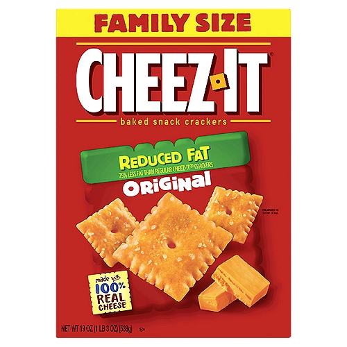 Light and crispy bite-sized snack crackers made with real cheese and 25% less fat than Cheez-It Original crackers*
Our cheesy baked crackers are packed for convenience and make a delicious anytime snack; A classic, family-favorite snack that's perfect for kids and adults
Made with 100% real cheese aged for a bold taste; Kosher Dairy; Contains wheat, milk and soy ingredients
Feel good about satisfying your snack cravings with Cheez-It Reduced Fat Original Baked Snack Crackers - bite-size cheese crackers that are baked with 25% less fat than Cheez-It Original crackers* (*compare Reduced Fat Cheez-It with 6g fat per 30g serving to Regular Cheez-It with 8g fat per 30g serving). Cheez-It Reduced Fat Original Baked Snack Crackers are the real deal - made with 100% real cheese that's been carefully aged for a yummy, irresistible taste. Each perfect square is bursting with bold, cheesy flavor that hits your taste buds with every crunchy mouthful. A baked snack, Cheez-It crackers are perfect for game time, party spreads, school lunches, late-night snacking and more - the cheesy options are endless. Go ahead and enjoy the satisfying goodness of your favorite, trimmed-down cheesy bite. You'll love the feel-good flavor of real cheese in every tasty handful of Cheez-It Reduced Fat Original Baked Snack Crackers.