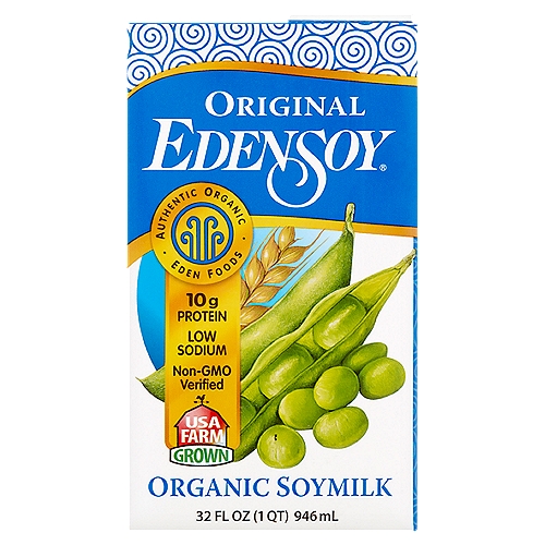 Edensoy Original Organic Soymilk, 32 fl oz
Deliciously Smooth, Exceptional
USA whole bean protein prepared to nourish us best 
The fines ingredients, know-how, and preparation
EDEN®