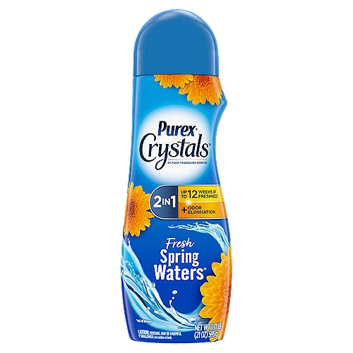 Purex Crystals Fresh Spring Waters 2in1 In-Wash Fragrance Booster, 1.31 lbnUp to 12 Weeks of to Freshness*n*out of storagennPurex® Crystals™ uses odor stop technology to help eliminate pesky food and body odors so you can live your life to the freshest.