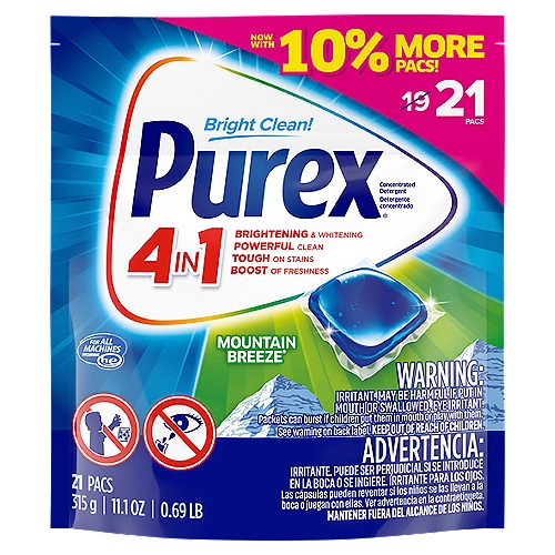 Purex Mountain Breeze 4in1 Pacs Concentrated Detergent, 21 count, 11.1 oz