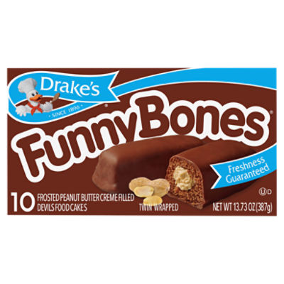 Drake's Funny Bones Frosted Peanut Butter Creme Filled Devils Food Cakes, 10 count, 13.73 oz, 13.03 Ounce