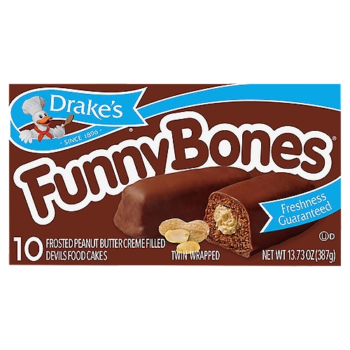 Drake's Funny Bones Frosted Peanut Butter Creme Filled Devils Food Cakes, 10 count, 13.73 oz