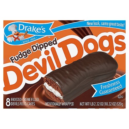 Drake's Devil Dogs Fudge Dipped Creme Filled Devils Food Cakes, 8 count, 18.32 oz