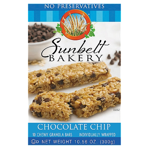 Sunbelt Bakery Chocolate Chip Chewy Granola Bars, 10 count, 10.56 oz
Made in our family bakery and brought to your community each week. Taste the difference!
• Bakery-fresh taste
• No preservatives
• Whole grains