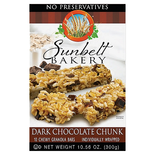 Sunbelt Bakery Dark Chocolate Chunk Chewy Granola Bars, 10 count, 10.56 oz
Made in our family bakery and brought to your community each week. Taste the difference!
• Bakery-fresh taste
• No preservatives
• Whole grains