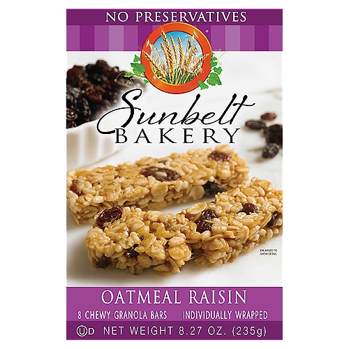 Sunbelt Bakery Oatmeal Raisin Chewy Granola Bars, 8 count, 8.27 oz
No high fructose corn syrup*
*See nutrition facts for total and added sugar content.