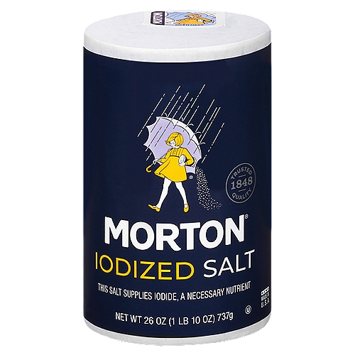 Morton Salt, Iodized, 26 Ounce
Morton® lodized Salt is a staple in kitchens across America, because it is the perfect choice to unlock the delicious, natural flavors in food. Use this all-purpose salt for all of your cooking and baking needs - and for seasoning at the table.

Morton Iodized Table Salt is an all-purpose salt perfect for everything from cooking and baking to filling the shakers on your table. Simplify your time in the kitchen with Morton Iodized Table Salt. At Morton Salt, we make sure only the best salt crystals reach your plate, so every dish you create will be as flavorful as you intend.