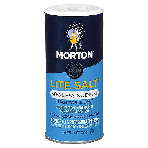 Morton Lite Salt, 11 oz
Lite Salt™ Contains 290mg Sodium per Serving. Table Salt Contains 590mg per Serving.

Morton® Lite Salt™ delivers great salt taste with 50% less sodium than everyday table salt. You can use Lite Salt in place of everyday table salt for cooking, baking, and in all your favorite recipes with the same great results.