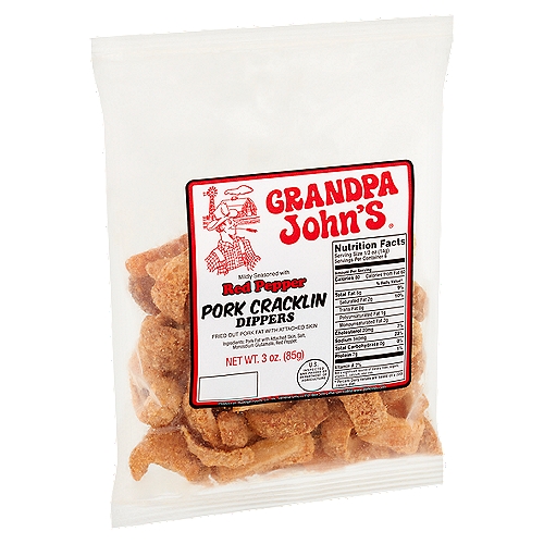 Grandpa John's Red Pepper Pork Cracklin Dippers, 3 oz
Fried Out Pork Fat with Attached Skin