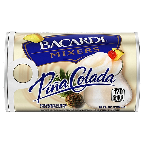 Bacardi Mixer Pina Colada Can, 10 fl oz
Enjoy the fresh and fruity taste of BACARDI Mixers at your next party or on a relaxing day in the sun. Packed with flavor, each can is the perfect base for whatever you're in the mood for. 

Made with real fruit juice and fruit purees, BACARDI Mixers take the guesswork out of creating delicious frozen drinks. Add your favorite spirit for an amazing cocktail or create your own frozen juice drink recipe - BACARDI Mixers taste great as non-alcoholic mocktails too!

Frozen BACARDI Mixers make partytime, anytime.