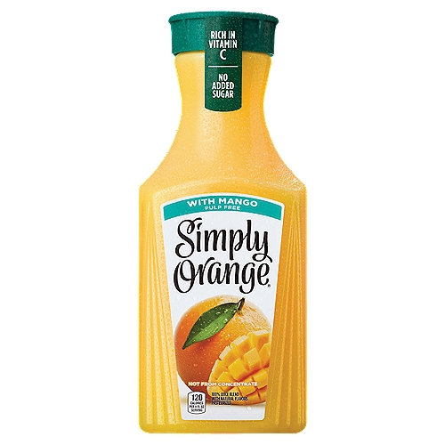 For Simply Orange with Mango, we carefully select real, ripe oranges and turn them into a deliciously simple pulp-free orange juice blend with a twist—the luscious taste of mangoes. This delicious blend of fruit flavors is not from concentrate and never frozen.n nSimple ingredients and the Simply “Fresh Taste Guarantee'' make for a refreshing all-natural, 100% orange juice blend you can enjoy with breakfast, lunch or any time in between. Simply Orange with Mango is a 100% pasteurized fruit juice blend and an excellent source of vitamin C.n nWith Simply Orange with Mango, the difference is clear. Clear enough that you can see the all-natural ingredients inside. Because with Simply, there's nothing to hide.