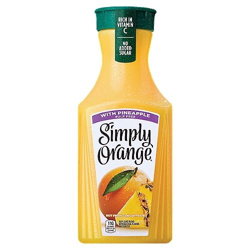 For Simply Orange with Pineapple, we carefully select real, ripe oranges and turn them into a deliciously simple pulp-free orange juice blend with a twist—the luscious taste of pineapple. This delicious blend of fruit flavors is not from concentrate and never frozen.n nSimple ingredients and the Simply “Fresh Taste Guarantee'' make for a refreshing all-natural, 100% orange juice blend you can enjoy with breakfast, lunch or any time in between. Simply Orange with Pineapple is a 100% pasteurized fruit juice blend and an excellent source of vitamin C.n nWith Simply Orange with Pineapple, the difference is clear. Clear enough that you can see the all-natural ingredients inside. Because with Simply, there's nothing to hide.