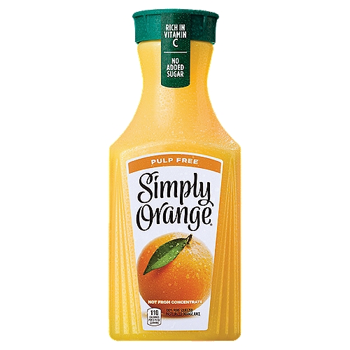 Simply Orange Pulp Free Juice Bottle, 52 fl oz
For Simply Orange Pulp Free, we carefully select real, ripe oranges and turn them into a deliciously simple pulp-free orange juice. Not from concentrate and never frozen, with a deliciously fresh-squeezed taste. 
 
Simple ingredients and the Simply “Fresh Taste Guarantee'' make for a refreshing, non-GMO orange juice you can enjoy with breakfast, lunch or any time in between. Simply Orange is 100% pure-squeezed pasteurized orange juice—everything you love with the addition of calcium and vitamin D alongside the naturally occurring vitamin C.
 
With Simply Orange Pulp Free, the difference is clear. Because with Simply, there's nothing to hide.