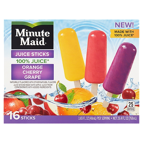 Minute Maid Orange, Cherry, Grape Juice Sticks, 1.65 fl oz, 16 count
Juice Sticks Made with Apple Juice from Concentrate with Added Ingredients

Made with 100% juice*
*Contains 100% apple juice