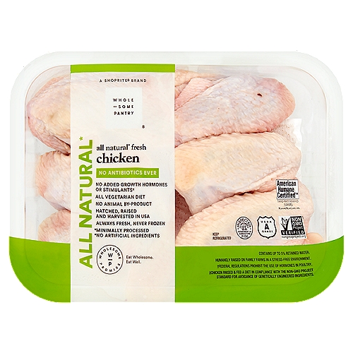 Wholesome Pantry All Natural Fresh Chicken Wings
All Natural*
*Minimally Processed
*No Artificial Ingredients

No Added Growth Hormones or Stimulants†
†Federal Regulations Prohibit the Use of Hormones in Poultry.

Humanely Raised on Family Farms in a Stress-Free Environment.
