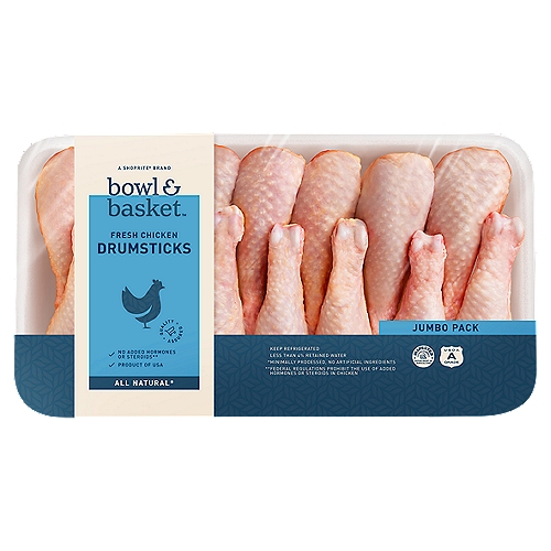 Bowl & Basket Fresh Chicken Drumsticks Jumbo Pack
No Added Hormones or Steroids**
**Federal Regulations Prohibit the Use of Added Hormones or Steroids in Chicken

All Natural*
*Minimally Processed, No Artificial Ingredients
