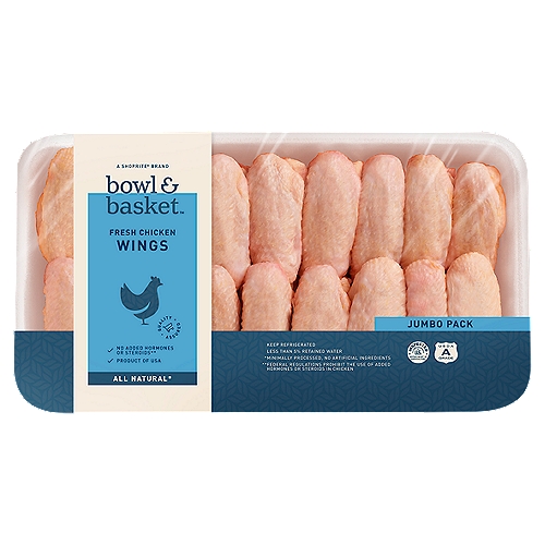Bowl & Basket Fresh Chicken Wings Jumbo Pack
No Added Hormones or Steroids**
**Federal Regulations Prohibit the Use of Added Hormones or Steroids in Chicken

All Natural*
*Minimally Processed, No Artificial Ingredients