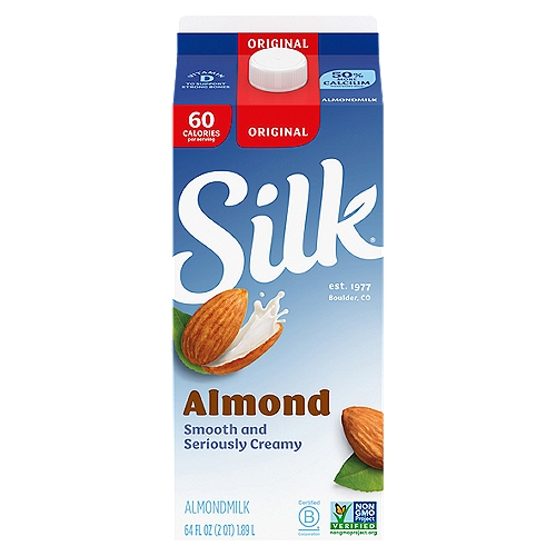 Silk Original Almond Almondmilk, 64 fl oz
Introduce your taste buds to the delicious, silky-smooth goodness of Silk Almondmilk. Made with almonds grown in California, this almondmilk makes a perfect alternative to dairy and Soymilk. With its mild, irresistibly nutty taste and a calorie count that's not nutty at all, it is perfectly poised to become your cereal's new best friend and tastes great in baked recipes, smoothies, and coffee. Silk Almondmilk is totally free of dairy, soy, lactose, gluten, casein, egg, and MSG. And it's nutritious, too: each serving provides vitamin E and contains 50% more calcium than dairy milk.* 
*Silk Almondmilk: 450mg of calcium per cup; reduced fat dairy milk; 293mg of calcium per cup. USDA National Nutrient Database for Standard Reference, 2018. Data consistent with typical reduced fat dairy milk.
Here at Silk, we believe in making delicious plant-based food that does right by you and fuels our passion for the planet. Every delicious product we offer is made with plants, they're naturally dairy-free, gluten-free, and cholesterol-free. And our entire lineup is enrolled in the Non-GMO Project Verification Program. Choose from an array of non-dairy products--from silky-smooth nutmilk to creamy, dreamy yogurt alternatives--and taste the goodness for yourself!