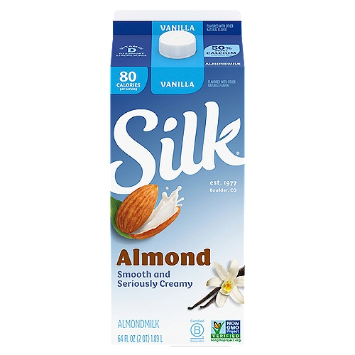 Silk Vanilla Almondmilk, 64 fl oz
Treat yourself to this smooth and seriously creamy Silk Vanilla Almondmilk. Made with three kinds of almonds grown by Mother Nature and picked at the peak of ripeness, this lactose free milk has a perfect mix of quality and flavor. Plus, its smooth vanilla flavor makes it an extraordinary tasting plant based milk that you can use throughout your day. It tastes great in a bowl of cereal or in your favorite smoothies. Every serving of this non dairy milk has Vitamin D to help support strong bones and 50% more calcium than dairy milk**. Silk Almondmilk is totally free of dairy, soy, lactose, gluten, casein, egg, and MSG. Looking for lactose free and gluten free cooking or baking supplies? Silk Almondmilk makes an excellent addition to sauces and baked goods. Whether you're making a bowl of cereal, drinking straight out of a glass or enjoying a frothy coffee, trust Silk — the Original Plant Pioneer. Today Silk supports regenerative agriculture because we believe in the power of plants for people and the planet. It's not just almondmilk, it's Milk of the Land***. Read more about our story on our packaging. Enjoy all of the Silk products, including vegan milk, non dairy creamers and dairy free yogurt varieties. *See Nutrition Facts for sugar and calorie content. **Silk Vanilla Almondmilk: 470mg of calcium per cup; reduced fat dairy milk: 309mg of calcium per cup. USDA FoodData central, 2022. ***From plants, not cows. Not nutritionally equivalent to dairy milk.