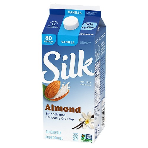 Silk Vanilla Almond Milk, 64 fl oz
Introduce your taste buds to the delicious, silky-smooth goodness of Silk Vanilla Almondmilk. Made with almonds grown in California and kissed with a hint of vanilla, this almondmilk makes a perfect alternative to dairy and Soymilk. With its mild, irresistibly nutty taste and a calorie count that's not nutty at all, it is perfectly poised to become your cereal's new best friend and tastes great in baked recipes, smoothies, and coffee. Silk Vanilla Almondmilk is totally free of dairy, soy, lactose, gluten, casein, egg, and MSG. And it's nutritious, too: each serving provides vitamin E and contains 50% more calcium than dairy milk.* 
*Silk Vanilla Almondmilk: 450mg of calcium per cup; reduced fat dairy milk: 293mg of calcium per cup. USDA National Nutrient Database for Standard Reference. Data consistent with typical reduced fat dairy milk.
Here at Silk, we believe in making delicious plant-based food that does right by you and fuels our passion for the planet. Every delicious product we offer is made with plants, they're naturally dairy-free, gluten-free, and cholesterol-free. And our entire lineup is enrolled in the Non-GMO Project Verification Program. Choose from an array of non-dairy products--from silky-smooth nutmilk to creamy, dreamy yogurt alternatives--and taste the goodness for yourself!Introduce your taste buds to the delicious, silky-smooth goodness of Silk Vanilla Almondmilk. 