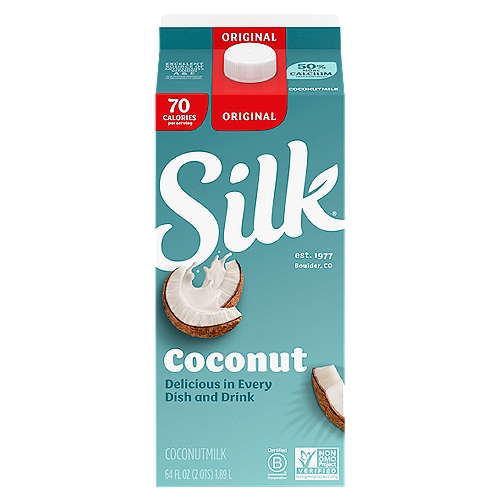 Silk Original Coconutmilk, 64 fl oz
Treat yourself to the sweet and creamy Silk Original Coconutmilk — delicious in every dish and drink. Made with real coconuts grown well by Mother Nature, this plant-based coconutmilk is perfectly sweet, thick and creamy. Plus, its mild coconut flavor makes it an extraordinary tasting non dairy milk substitute that you can use throughout your day.So, make this coconutmilk part of your cooking or baking supplies and add some coconut deliciousness to your favorite sauces, sweets and smoothies. Every serving of this gluten free, lactose free, plant based milk has 50% more calcium than dairy milk*. Plus, Silk Coconutmilk is an excellent source of antioxidants, B12, Vitamin A and Vitamin E**. Silk Coconutmilk is totally free of dairy, soy, lactose, gluten, casein, egg, and MSG. Silk Coconutmilk is great for dialing up your favorite recipes. Whether you're making a bowl of healthy cereal, drinking straight out of a glass or enjoying a frothy coffee, trust Silk — the Original Plant Pioneer. It's not just coconutmilk, it's Milk of the Land. Read more about our story on our packaging. Enjoy all of the Silk products, including vegan milk, non dairy creamer and dairy free yogurt varieties. *Silk Original Coconutmilk has 460mg calcium per cup, reduced fat dairy milk has 293mg calcium per cup. USDA, ARS. FoodData Central, 2022. **See nutrition facts for saturated fat content.