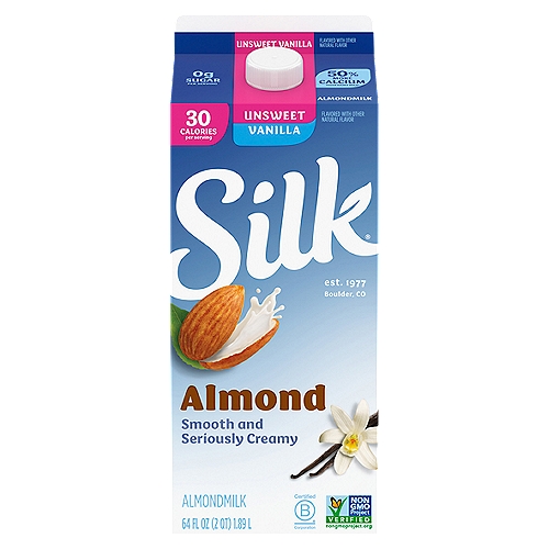 Silk Unsweet Vanilla Almondmilk, 64 fl oz
Treat yourself to this smooth and seriously creamy Silk Vanilla Unsweet Almondmilk. Enjoy all of the taste with 0 grams of sugar per serving*. Made with three kinds of almonds grown by Mother Nature and picked at the peak of ripeness, this lactose free milk has a perfect mix of quality and flavor. Plus, its smooth vanilla flavor makes it an extraordinary tasting plant based milk that you can use throughout your day. It tastes great in a bowl of cereal or in your favorite smoothies. Every serving of this non dairy milk has Vitamin D to help support strong bones and 50% more calcium than dairy milk**. Silk Almondmilk is totally free of dairy, soy, lactose, gluten, casein, egg, and MSG. Looking for lactose free cooking or baking supplies? Silk Almondmilk makes an excellent addition to sauces and baked goods. Whether you're making a bowl of cereal, drinking straight out of a glass or enjoying it as a non dairy coffee creamer for a frothy coffee, trust Silk — the Original Plant Pioneer. Today Silk supports regenerative agriculture because we believe in the power of plants for people and the planet. It's not just almondmilk, it's Milk of the Land***. Read more about our story on our packaging. Enjoy all of the Silk products, including vegan milk, non dairy creamer and dairy free yogurt varieties. *See Nutrition Facts for sugar and calorie content. **Silk Unsweet Vanilla Almondmilk: 470mg of calcium per cup; reduced fat dairy milk: 309mg of calcium per cup. USDA FoodData central, 2022. ***From plants, not cows. Not nutritionally equivalent to dairy milk.