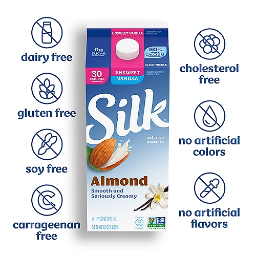 Silk Unsweet Vanilla Almondmilk 64 fl oz
Introduce your taste buds to the delicious, silky-smooth goodness of Silk Unsweetened Vanilla Almondmilk. Made with almonds grown in California and kissed with a hint of vanilla, this unsweetened vanilla almondmilk makes a perfect alternative to dairy and Soymilk. With its mild, irresistibly nutty taste and just 30 calories per serving*, it is perfectly poised to become your cereal's new best friend and tastes great in baked recipes, smoothies, and coffee. Silk Vanilla Almondmilk is totally free of dairy, soy, lactose, gluten, casein, egg, MSG, or added sugar.* And it's nutritious, too: each serving provides vitamin E and contains 50% more calcium than dairy milk.** 
*See Nutrition Facts for sugar and calorie content. 
**Silk Unsweetened Almondmilk: 450mg of calcium per cup; reduced fat dairy milk: 293mg of calcium per cup. USDA National Nutrient Database for Standard Reference. Data consistent with typical reduced fat dairy milk.
Here at Silk, we believe in making delicious plant-based food that does right by you and fuels our passion for the planet. Every delicious product we offer is made with plants, they're naturally dairy-free, gluten-free, and cholesterol-free. And our entire lineup is enrolled in the Non-GMO Project Verification Program. Choose from an array of non-dairy products--from silky-smooth nutmilk to creamy, dreamy yogurt alternatives--and taste the goodness for yourself!