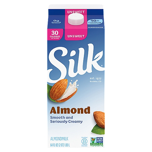 Silk Unsweet Almondmilk, 64 fl oz
Treat yourself to this smooth and seriously creamy Silk Unsweet Almondmilk. Enjoy all of the taste with 0 grams of sugar per serving*. Made with three kinds of almonds grown by Mother Nature and picked at the peak of ripeness, this lactose free milk has a perfect mix of quality and flavor. Plus, its smooth flavor makes it an extraordinary tasting plant based milk that you can use throughout your day. It tastes great in a bowl of cereal or in your favorite smoothies. Every serving of this non dairy milk has Vitamin D to help support strong bones and 50% more calcium than dairy milk**. Silk Almondmilk is totally free of dairy, soy, lactose, gluten, casein, egg, and MSG. Looking for lactose free cooking or baking supplies? Silk Almondmilk makes an excellent addition to sauces and baked goods. Whether you're making a bowl of healthy cereal, drinking straight out of a glass or enjoying a frothy coffee, trust Silk — the Original Plant Pioneer. Today Silk supports regenerative agriculture because we believe in the power of plants for people and the planet. It's not just almondmilk, it's Milk of the Land***. Read more about our story on our packaging. Enjoy all of the Silk products, including vegan milk, non dairy creamer and dairy free yogurt varieties. *See Nutrition Facts for sugar and calorie content. **Silk Almondmilk: 470mg of calcium per cup; reduced fat dairy milk: 309mg of calcium per cup. USDA FoodData central, 2022. ***From plants, not cows. Not nutritionally equivalent to dairy milk.