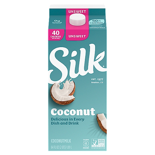 Silk Unsweet Coconutmilk, 64 fl oz
Treat yourself to Silk Unsweet Coconutmilk — delicious in every dish and drink. Made with real coconuts grown by Mother Nature and 0 grams of sugar per serving*, this plant-based coconutmilk is perfectly thick and creamy. Plus, its mild coconut flavor makes it an extraordinary tasting non dairy milk substitute that you can use throughout your day. So, make this coconutmilk part of your cooking or baking supplies and add some coconut deliciousness to your favorite sauces, sweets, vegan desserts and smoothies. Every serving of this gluten free, lactose free, plant based milk has 50% more calcium than dairy milk**. Plus, Silk Coconutmilk is an excellent source of B12, Vitamin A and Vitamin E*. Silk Coconutmilk is totally free of dairy, soy, lactose, gluten, casein, egg, and MSG. Silk Coconutmilk is great for dialing up your favorite recipes. Whether you're making a bowl of healthy cereal, drinking straight out of a glass or enjoying a frothy coffee, trust Silk — the Original Plant Pioneer. It's not just coconutmilk, it's Milk of the Land***. Read more about our story on our packaging. Enjoy all of the Silk products, including vegan milk, non dairy creamer and dairy free yogurt varieties. *See nutrition facts for saturated fat content. **Silk Unsweet Coconutmilk has 470mg calcium per cup, reduced fat dairy milk has 309mg calcium per cup. USDA, ARS. FoodData Central, 2022. ***From plants, not cows. Not nutritionally equivalent to dairy milk.