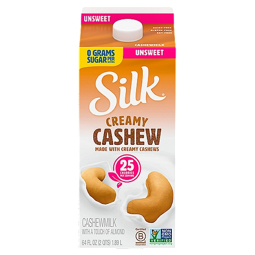 Silk Unsweet Creamy Cashewmilk, 64 fl oz
Treat yourself to the irresistible creaminess of Silk Unsweetened Cashewmilk. This cashewmilk tastes so smooth and creamy, you'll forget it has fewer calories than skim milk!* Made with cashews and absolutely no added sugar, it is delicious whether poured over cereal, added to your favorite recipes, or enjoyed straight from the carton. Perfect as a dairy alternative, Silk Cashewmilk is totally free of dairy, soy, lactose, gluten, casein, egg, and MSG. And it's nutritious, too: each serving offers 50% more calcium than dairy milk** but none of the saturated fat or cholesterol. 
*Silk Unsweetened Cashewmilk: 25 cal/svg; skim dairy milk: 80 cal/svg. 
**Silk Unsweetened Original Cashewmilk: 450mg of calcium per cup; reduced fat dairy milk: 293mg of calcium per cup. USDA National Nutrient Database for Standard Reference. Data consistent with typical reduced fat dairy milk
Here at Silk, we believe in making delicious plant-based food that does right by you and fuels our passion for the planet. Every delicious product we offer is made with plants, they're naturally dairy-free, gluten-free, and cholesterol-free. And our entire lineup is enrolled in the Non-GMO Project Verification Program. Choose from an array of non-dairy products--from silky-smooth nutmilk to creamy, dreamy yogurt alternatives--and taste the goodness for yourself!
