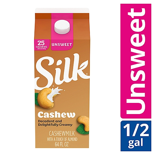 50% More Calcium than Dairy Milk*
*Silk Unsweet Cashewmilk: 470mg calcium per cup versus 309mg calcium per cup of reduced fat dairy milk. USDA FoodData Central, 2022

Free from
✓ Dairy
✓ Gluten
✓ Carrageenan
✓ Cholesterol
✓ Soy
✓ Artificial colors
✓ Artificial flavors

Enjoy all of the Silk® products in the plant-based yogurt, creamer, and milk alternative aisles.

Decadent and Delightfully Creamy
Goodness Grown
Roasted cashews grown by Mother Nature.

Creamy Alternative
Add creaminess for only 25 calories.

Great in Recipes
Tastes delicious in baked goods.
