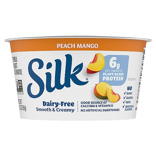 Silk Dairy-Free Peach Mango Yogurt Alternative, 5.3 oz
Enjoy the delicious taste of simplicity with Silk Peach Mango Soymilk Yogurt Alternative. This creamy indulgence is free of dairy, lactose, gluten, carrageenan, nuts, and casein, deriving its smooth texture and delicate sweetness from Soymilk instead. With a juicy blend of peach and mango, this non-dairy yogurt makes for a delicious snack all on its own or sprinkled with your favorite toppings. And best of all, provides a nutritious jump start into your day with protein, calcium, and vitamin D.
Here at Silk, we believe in making delicious plant-based food that does right by you and fuels our passion for the planet. Every delicious product we offer is made with plants, they're naturally dairy-free, gluten-free, and cholesterol-free. And our entire lineup is enrolled in the Non-GMO Project Verification Program. Choose from an array of non-dairy products--from silky-smooth nutmilk to creamy, dreamy yogurt alternatives--and taste the goodness for yourself!
