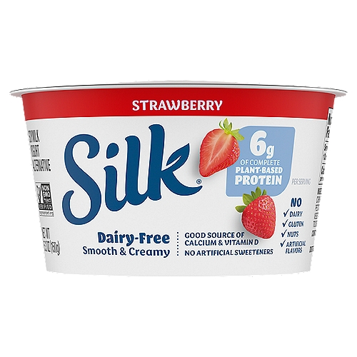 Silk Dairy-Free Strawberry Yogurt Alternative, 5.3 oz
Enjoy the delicious taste of simplicity with Silk Strawberry Soymilk Yogurt Alternative. This creamy indulgence is free of dairy, lactose, gluten, carrageenan, nuts, and casein, deriving its smooth texture and delicate sweetness from Soymilk instead. Elevated by the sweetness of strawberries, this non-dairy yogurt makes for a delicious snack all on its own or sprinkled with your favorite toppings. And best of all, provides a nutritious jump start into your day with protein, calcium, and vitamin D.
Here at Silk, we believe in making delicious plant-based food that does right by you and fuels our passion for the planet. Every delicious product we offer is made with plants, they're naturally dairy-free, gluten-free, and cholesterol-free. And our entire lineup is enrolled in the Non-GMO Project Verification Program. Choose from an array of non-dairy products--from silky-smooth nutmilk to creamy, dreamy yogurt alternatives--and taste the goodness for yourself!