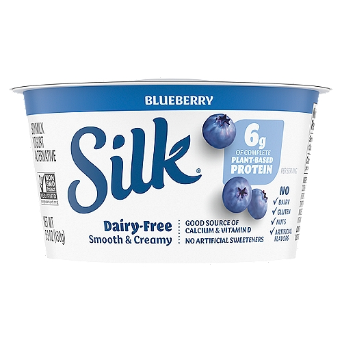 Enjoy the delicious taste of simplicity with Silk Blueberry Soymilk Yogurt Alternative. This creamy indulgence is free of dairy, lactose, gluten, carrageenan, nuts, and casein, deriving its smooth texture and delicate sweetness from Soymilk instead. With a blast of blueberries, this non-dairy yogurt makes for a delicious snack all on its own or sprinkled with your favorite toppings. And best of all, provides a nutritious jump start into your day with protein, calcium, and vitamin D.nHere at Silk, we believe in making delicious plant-based food that does right by you and fuels our passion for the planet. Every delicious product we offer is made with plants, they're naturally dairy-free, gluten-free, and cholesterol-free. And our entire lineup is enrolled in the Non-GMO Project Verification Program. Choose from an array of non-dairy products--from silky-smooth nutmilk to creamy, dreamy yogurt alternatives--and taste the goodness for yourself!