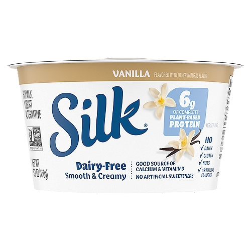 Silk Dairy-Free Vanilla Yogurt Alternative, 5.3 oz
Enjoy the delicious taste of simplicity with Silk Vanilla Soymilk Yogurt Alternative. This creamy indulgence is free of dairy, lactose, gluten, carrageenan, nuts, and casein, deriving its smooth texture and delicate sweetness from Soymilk instead. Full of vanilla goodness, this non-dairy yogurt makes for a delicious snack all on its own or sprinkled with your favorite toppings. And best of all, provides a nutritious jump start into your day with protein, calcium, and vitamin D.
Here at Silk, we believe in making delicious plant-based food that does right by you and fuels our passion for the planet. Every delicious product we offer is made with plants, they're naturally dairy-free, gluten-free, and cholesterol-free. And our entire lineup is enrolled in the Non-GMO Project Verification Program. Choose from an array of non-dairy products--from silky-smooth nutmilk to creamy, dreamy yogurt alternatives--and taste the goodness for yourself!