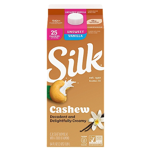 Silk Unsweet Vanilla Cashewmilk, 64 fl oz
Treat yourself to the irresistible creaminess of Silk Unsweetened Vanilla Cashewmilk. This vanilla cashewmilk tastes so smooth and creamy, you'll forget it has fewer calories than skim milk!* Made with cashews and absolutely no added sugar, it is delicious whether poured over cereal, added to your favorite recipes, or enjoyed straight from the carton. Perfect as a dairy alternative, Silk Vanilla Cashewmilk is totally free of dairy, soy, lactose, gluten, casein, egg, and MSG. And it's nutritious, too: each serving offers 50% more calcium than dairy milk** but none of the saturated fat or cholesterol. 
*Silk Unsweetened Vanilla Cashewmilk: 25 cal/svg; skim dairy milk: 80 cal/svg. 
**Silk Unsweetened Vanilla Cashewmilk: 450mg of calcium per cup; reduced fat dairy milk: 293mg of calcium per cup. USDA National Nutrient Database for Standard Reference. Data consistent with typical reduced fat dairy milk.
Here at Silk, we believe in making delicious plant-based food that does right by you and fuels our passion for the planet. Every delicious product we offer is made with plants, they're naturally dairy-free, gluten-free, and cholesterol-free. And our entire lineup is enrolled in the Non-GMO Project Verification Program. Choose from an array of non-dairy products--from silky-smooth nutmilk to creamy, dreamy yogurt alternatives--and taste the goodness for yourself!