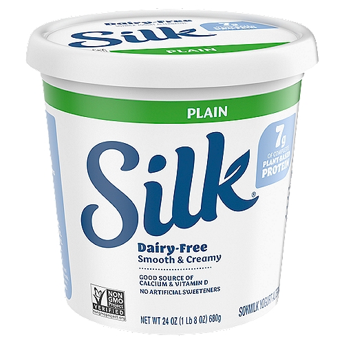 Silk Plain Dairy-Free Yogurt Alternative, 24 oz
Enjoy the delicious taste of simplicity with Silk Plain Soymilk Yogurt Alternative. This creamy indulgence is free of dairy, lactose, gluten, carrageenan, nuts, and casein, deriving its smooth texture and delicate sweetness from Soymilk instead. Full of creamy goodness, this non-dairy yogurt makes for a delicious snack all on its own or sprinkled with your favorite toppings. And best of all, provides a nutritious jump start into your day with protein, calcium, and vitamin D.
Here at Silk, we believe in making delicious plant-based food that does right by you and fuels our passion for the planet. Every delicious product we offer is made with plants, they're naturally dairy-free, gluten-free, and cholesterol-free. And our entire lineup is enrolled in the Non-GMO Project Verification Program. Choose from an array of non-dairy products--from silky-smooth nutmilk to creamy, dreamy yogurt alternatives--and taste the goodness for yourself!