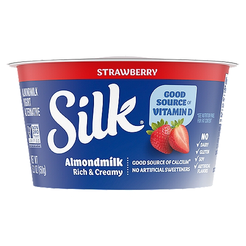 Silk Strawberry Almondmilk Yogurt Alternative, 5.3 oz
Every spoonful of Silk Strawberry Almondmilk Yogurt Alternative offers a creamy indulgence with a dairy-free twist. We make our delightful yogurt alternative without any dairy, soy, lactose, gluten, carrageenan, or casein, embracing the delicious almond in all its rich flavor and velvety texture. With the light sweetness of strawberries, this non-dairy yogurt makes for a delicious snack, whether enjoyed on its own or sprinkled with your favorite toppings. And best of all, it provides a nutritious jump start into your day with protein* and calcium. 
*4% Daily Value.
Here at Silk, we believe in making delicious plant-based food that does right by you and fuels our passion for the planet. Every delicious product we offer is made with plants, they're naturally dairy-free, gluten-free, and cholesterol-free. And our entire lineup is enrolled in the Non-GMO Project Verification Program. Choose from an array of non-dairy products--from silky-smooth nutmilk to creamy, dreamy yogurt alternatives--and taste the goodness for yourself!