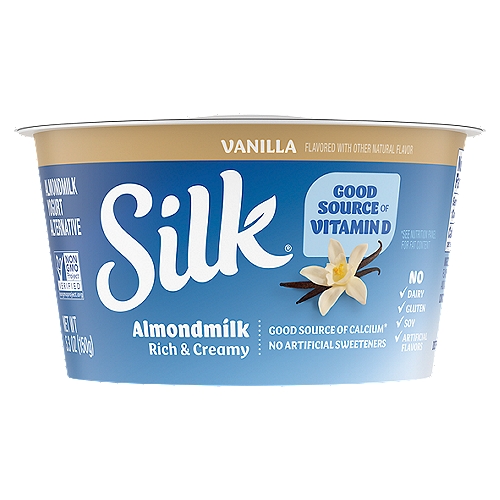 Silk Vanilla Almondmilk Yogurt Alternative, 5.3 oz
Every spoonful of Silk Vanilla Almondmilk Yogurt Alternative offers a creamy indulgence with a dairy-free twist. We make our delightful yogurt alternative without any dairy, soy, lactose, gluten, carrageenan, or casein, embracing the delicious almond in all its rich flavor and velvety texture. Infused with the velvety sweetness of vanilla, this non-dairy yogurt makes for a delicious snack, whether enjoyed on its own or sprinkled with your favorite toppings. And best of all, it provides a nutritious jump start into your day with protein* and calcium. 
*4% Daily Value.
Here at Silk, we believe in making delicious plant-based food that does right by you and fuels our passion for the planet. Every delicious product we offer is made with plants, they're naturally dairy-free, gluten-free, and cholesterol-free. And our entire lineup is enrolled in the Non-GMO Project Verification Program. Choose from an array of non-dairy products--from silky-smooth nutmilk to creamy, dreamy yogurt alternatives--and taste the goodness for yourself!