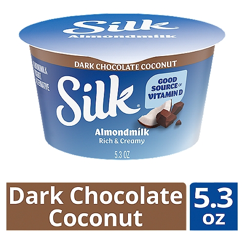 Silk Dark Chocolate Coconut Almondmilk Yogurt Alternative, 5.3 oz
Every spoonful of Silk Dark Chocolate Coconut Almondmilk Yogurt Alternative offers a creamy indulgence with a dairy-free twist. We make our delightful yogurt alternative without any dairy, soy, lactose, gluten, carrageenan, or casein, embracing the delicious almond in all its rich flavor and velvety texture. With a splash of dark chocolate and coconut, this non-dairy yogurt makes for a delicious snack, whether enjoyed on its own or sprinkled with your favorite toppings. And best of all, it provides a nutritious jump start into your day with protein* and calcium. 
*4% Daily Value.
Here at Silk, we believe in making delicious plant-based food that does right by you and fuels our passion for the planet. Every delicious product we offer is made with plants, they're naturally dairy-free, gluten-free, and cholesterol-free. And our entire lineup is enrolled in the Non-GMO Project Verification Program. Choose from an array of non-dairy products--from silky-smooth nutmilk to creamy, dreamy yogurt alternatives--and taste the goodness for yourself!