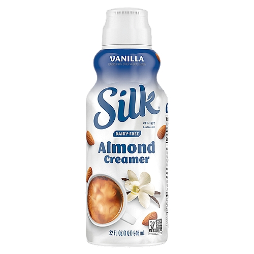Silk Vanilla Almond Creamer, 32 fl oz
Take your morning joe up a notch. Silk Vanilla Almond Creamer takes coffee and tea to new, deliciously creamy heights. Filled with sweet taste, this creamer adds a splash of smooth, rich flavor to your favorite morning drink. You can enjoy the vanilla almond creamer each morning, knowing it is gluten-free, Non-GMO Project Verified, and free of artificial colors or flavors.
Here at Silk, we believe in making delicious plant-based food that does right by you and fuels our passion for the planet. Every delicious product we offer is made with plants, they're naturally dairy-free, gluten-free, and cholesterol-free. And our entire lineup is enrolled in the Non-GMO Project Verification Program. Choose from an array of non-dairy products--from silky-smooth nutmilk to creamy, dreamy yogurt alternatives--and taste the goodness for yourself!