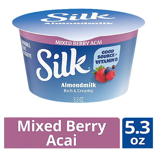 Silk Mixed Berry Acai Almondmilk Yogurt Alternative, 5.3 oz
Every spoonful of Silk Mixed Berry Acai Almondmilk Yogurt Alternative offers a creamy indulgence with a dairy-free twist. We make our delightful yogurt alternative without any dairy, soy, lactose, gluten, carrageenan, or casein, embracing the delicious almond in all its rich flavor and velvety texture. With a sweet blast of mixed berry acai, this non-dairy yogurt makes for a delicious snack, whether enjoyed on its own or sprinkled with your favorite toppings. And best of all, it provides a nutritious jump start into your day with protein* and calcium. 
*4% Daily Value.
Here at Silk, we believe in making delicious plant-based food that does right by you and fuels our passion for the planet. Every delicious product we offer is made with plants, they're naturally dairy-free, gluten-free, and cholesterol-free. And our entire lineup is enrolled in the Non-GMO Project Verification Program. Choose from an array of non-dairy products--from silky-smooth nutmilk to creamy, dreamy yogurt alternatives--and taste the goodness for yourself!