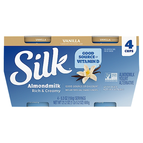 Silk Vanilla Almondmilk Yogurt Alternative, 5.3 oz, 4 count
Every spoonful of Silk Vanilla Almondmilk Yogurt Alternative offers a creamy indulgence with a dairy-free twist. We make our delightful yogurt alternative without any dairy, soy, lactose, gluten, carrageenan, or casein, embracing the delicious almond in all its rich flavor and velvety texture. Infused with the velvety sweetness of vanilla, this non-dairy yogurt makes for a delicious snack, whether enjoyed on its own or sprinkled with your favorite toppings. And best of all, it provides a nutritious jump start into your day with protein* and calcium. 
*4% Daily Value.
Here at Silk, we believe in making delicious plant-based food that does right by you and fuels our passion for the planet. Every delicious product we offer is made with plants, they're naturally dairy-free, gluten-free, and cholesterol-free. And our entire lineup is enrolled in the Non-GMO Project Verification Program. Choose from an array of non-dairy products--from silky-smooth nutmilk to creamy, dreamy yogurt alternatives--and taste the goodness for yourself!