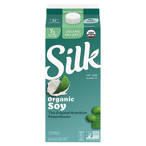 Treat yourself to the tasty goodness of Silk Organic Unsweetened Soymilk. Made with whole-harvested soybeans and featuring absolutely no added sugar, this Certified Organic Soymilk offers rich, creamy taste in every delectable drop and makes a perfect non-dairy alternative to milk. Experiment with a splash of Soymilk over your cereal, or simply enjoy it straight-up in a glass. You can swap Silk for milk cup-for-cup in nearly any recipe--from creamy soups to tempting desserts. Silk Organic Unsweetened Soymilk is totally free of dairy, lactose, carrageenan, gluten, casein, egg, peanut, and MSG. It's a powerhouse of nutritional goodness, too: each serving provides calcium and heart-healthy protein.* n*In a diet low in saturated fat and cholesterol, 25 grams of soy protein per day may reduce the risk of heart disease. A serving of Silk Organic Unsweetened Soymilk has 7 grams.nHere at Silk, we believe in making delicious plant-based food that does right by you and fuels our passion for the planet. Every delicious product we offer is made with plants, they're naturally dairy-free, gluten-free, and cholesterol-free. And our entire lineup is enrolled in the Non-GMO Project Verification Program. Choose from an array of non-dairy products--from silky-smooth nutmilk to creamy, dreamy yogurt alternatives--and taste the goodness for yourself!